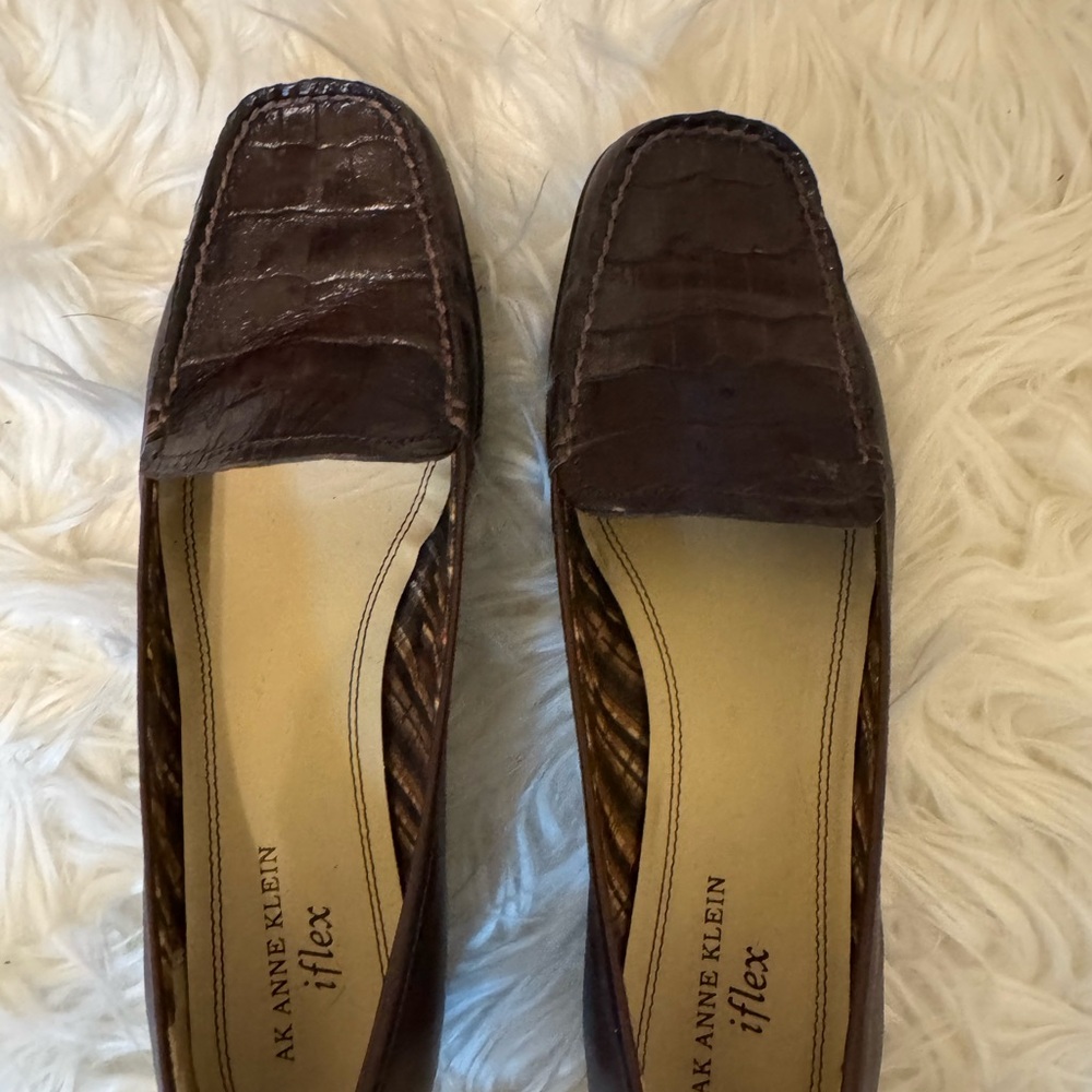 Anne Klein Brown Croc-Embossed Leather Loafers